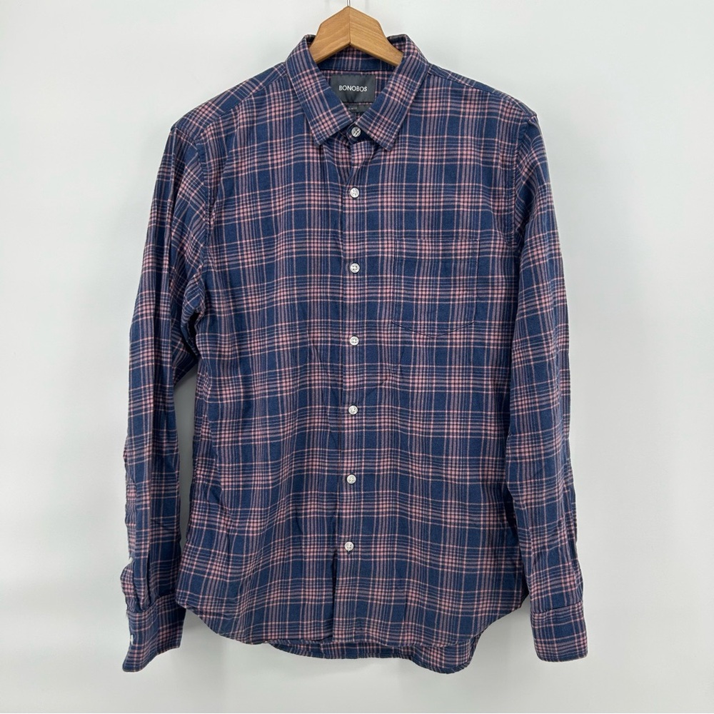 Bonobos Flannel Shirt Mens M Slim Fit Blue Pink Plaid Button Up Casual Classic